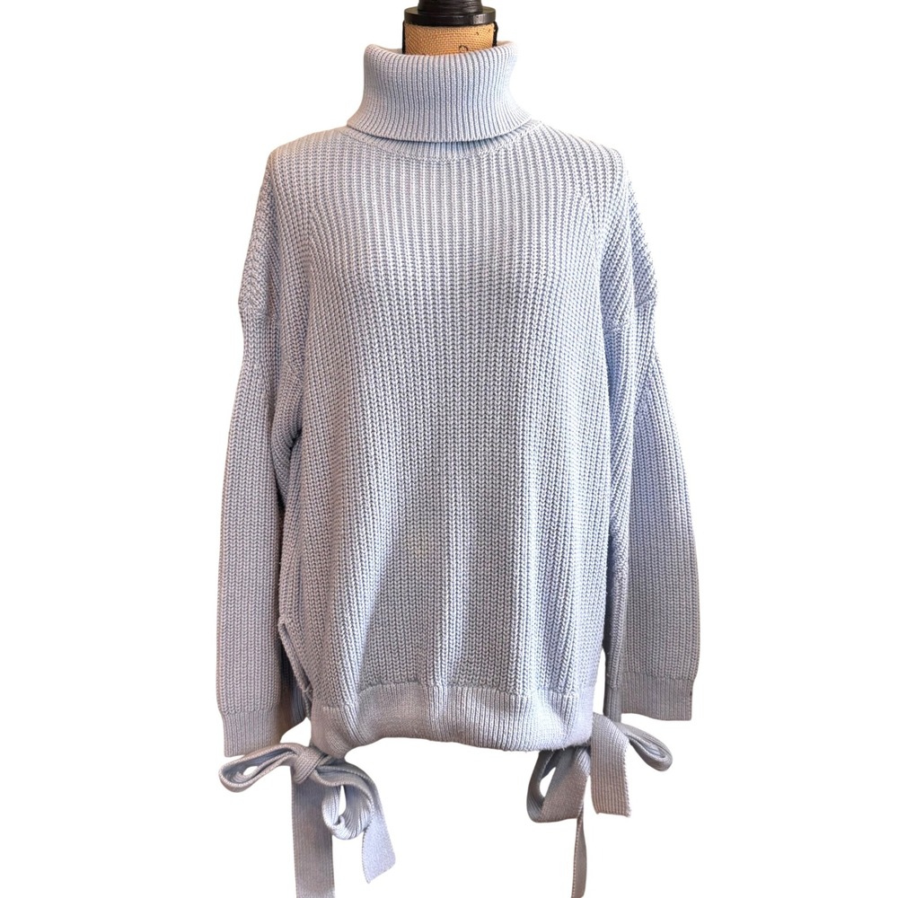Jason Wu Collective Women Side Tie Turtleneck Knit Wool Sweater Light Blue Large